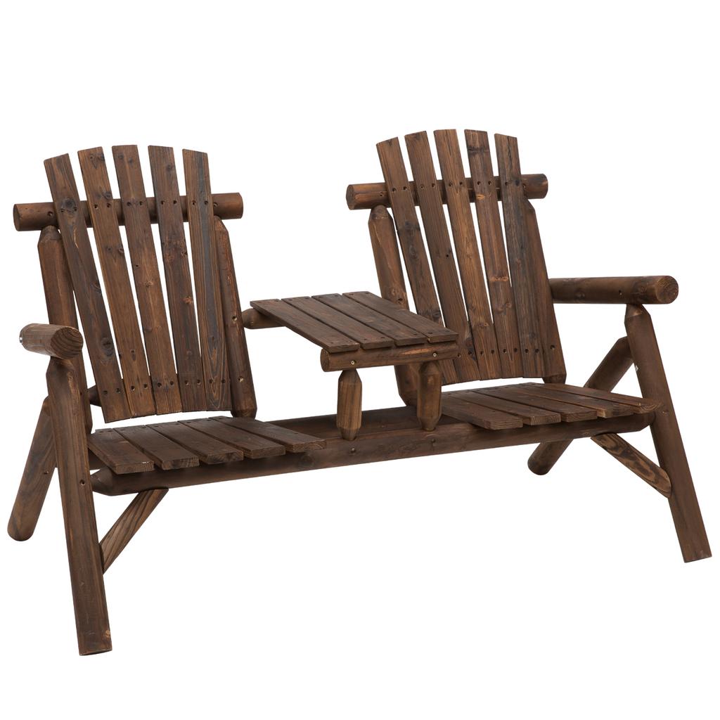 Wood Patio Chair Bench 2 Seats W Centre Coffee Table Garden Bench Carbonized