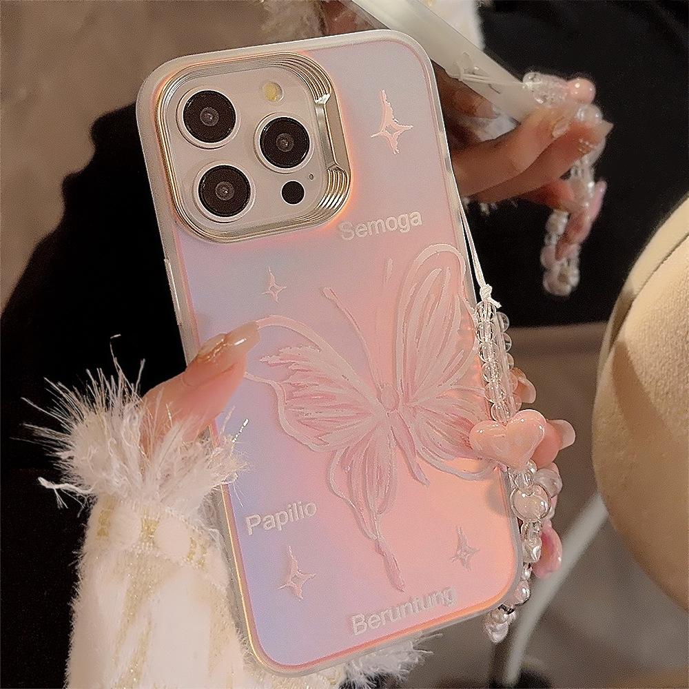 Fantasy Laser Pink Butterfly Iphone15 Suitable for 14 Mobile Phone Case 16 Apple 13 Promax Lanyard 11 Hard Set
