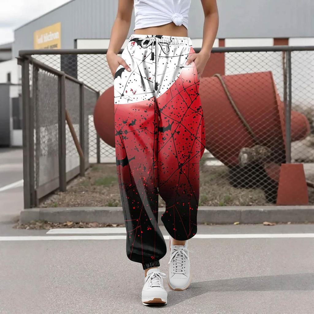Женские повседневные модные брюки для отдыха с принтом на Хэллоуин, спортивные штаны, брюки с эластичной резинкой на талии, брюки со шнурком