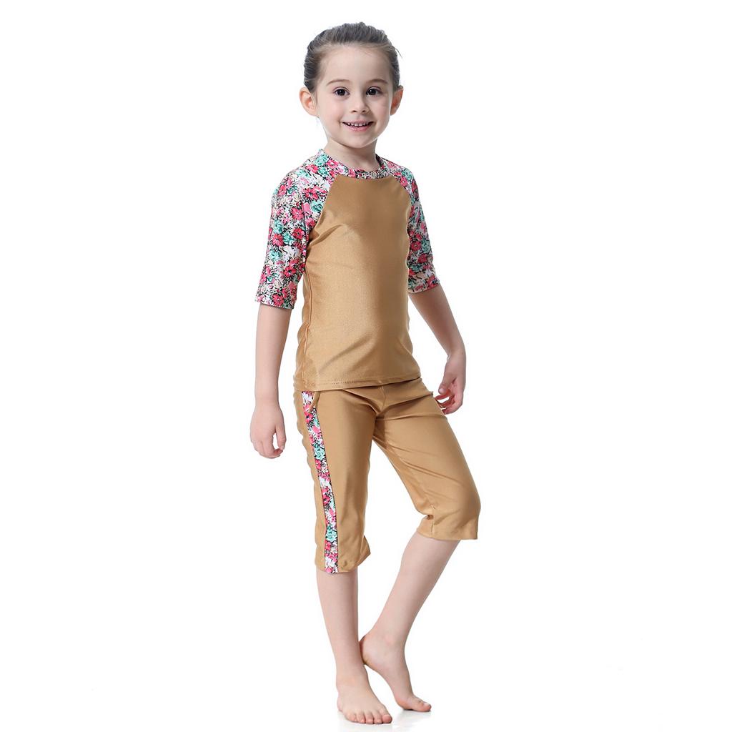 Three-Piece Swimsuit Girls Short Sleeve Print Floral Swimming Suit for Kids Swimwear Baby Children Swimming Bathing Suit with Cap