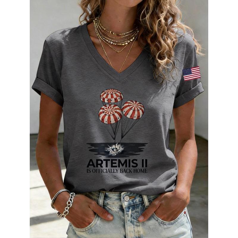 ilstile Women's Artemis II Print T-Shirts Summer Short Sleeve Casual V Neck Tops Black White T Shirt Blue Tees New Arrival