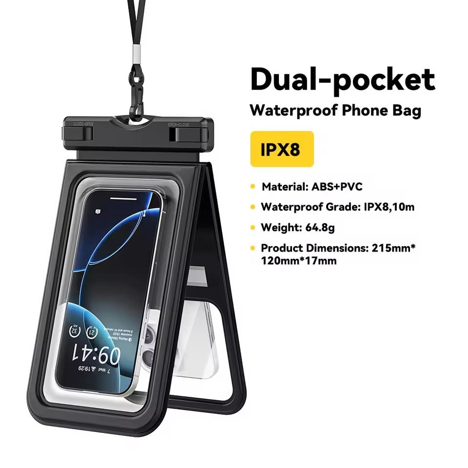 Essager IPX8 Dual-pocket Waterproof Phone Case for iPhone16 15 14 13 Floating Dry Bag for Snorkeling Beach Swim Universal Cover