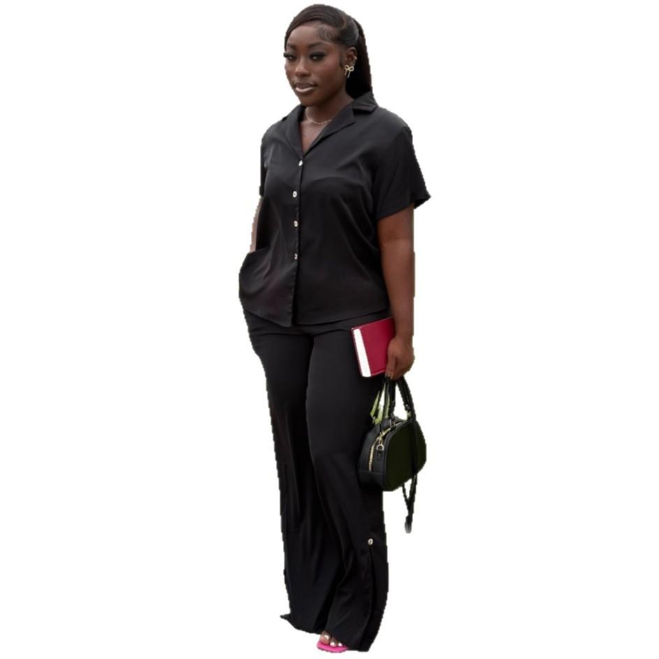 European and American women's solid-color collared cardigan, shirt top, African chic fashionable wide-leg pants two-piece set