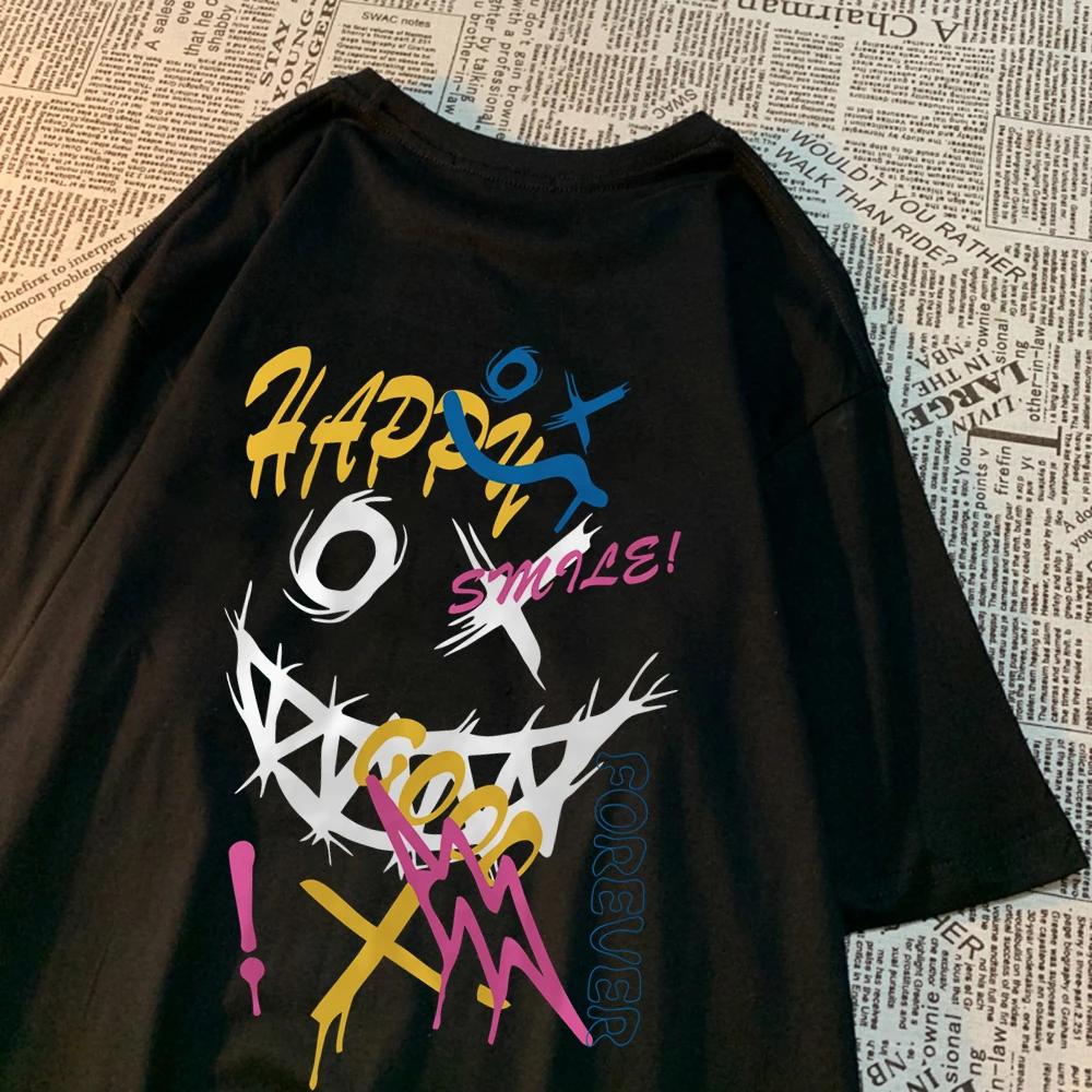 Happy Word Funny Forever Colorful Pattern T Shirt Men Casual Loose Summer Tops Casual Oversize T Shirt Cartoons Pattern Tshirt