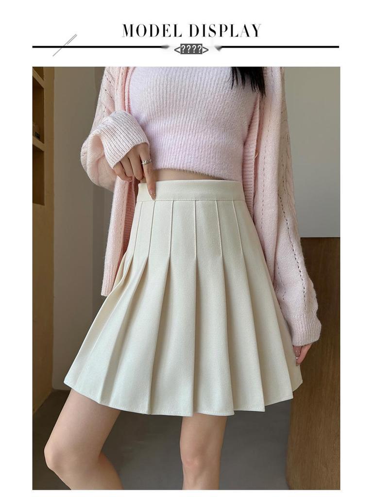 Приталенная юбка А-силуэта с высокой талией и плиссировкой из смесовой шерсти - от маленького до большого размера, осень/зима, стиль College JK, удлиненная миди-длина.