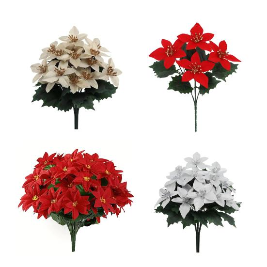 Artificial Poinsettia Bouquet with Green Leaves 4 Fork UV Resistant Fake Silk Flower Home Table Centerpiece Indoor Outdoor Faux Bloom Decoration