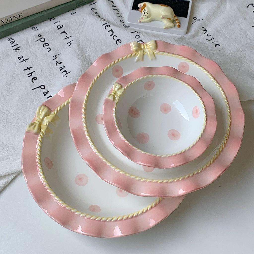 INS Style Korean Style Girl Heart Pink Ceramic Tableware Set Polka Dot Bow Cute Small Bowl Rice Bowl Deep Plates Cute Plates