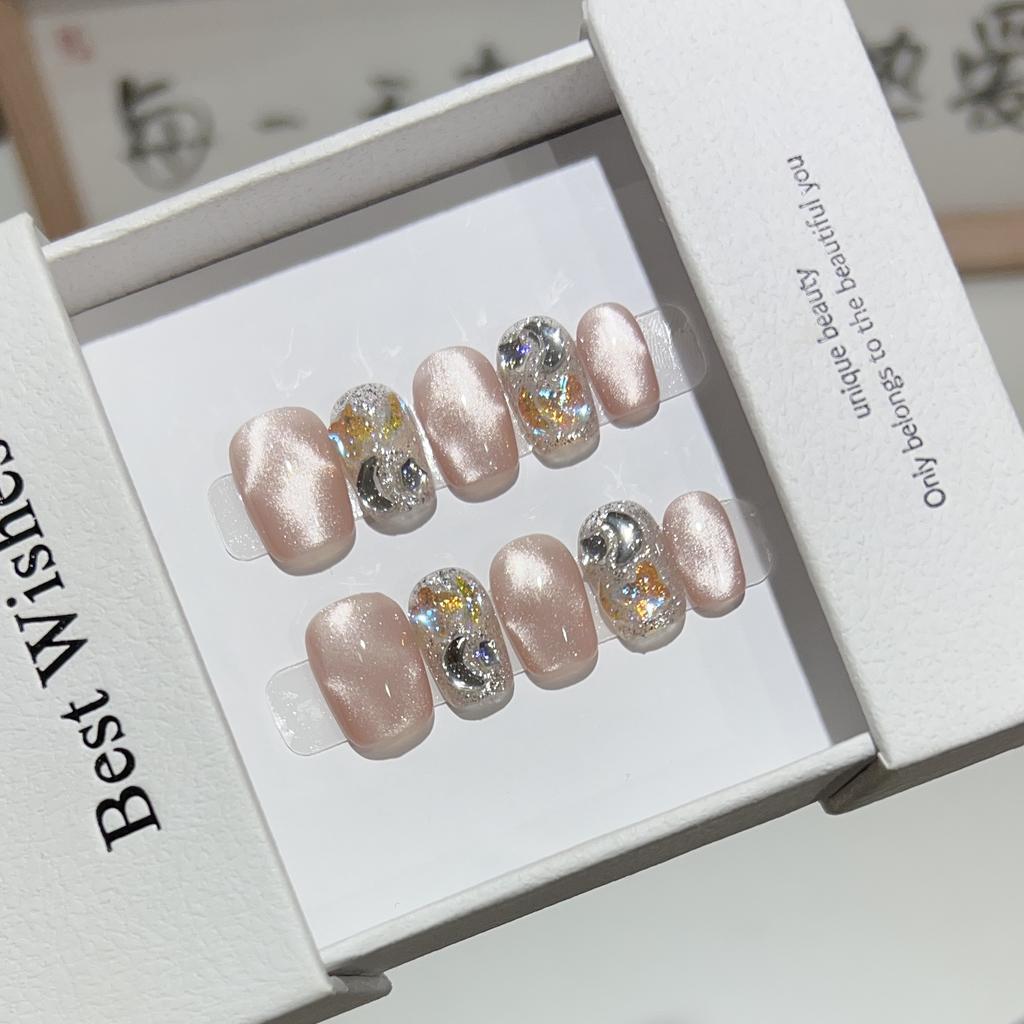 Daily Short Wear Armor Handmade Water-light Corrugated Cat Eye Nail Art Bursting and Broken Diamond Fake Nail Patch Removable Nail Patch