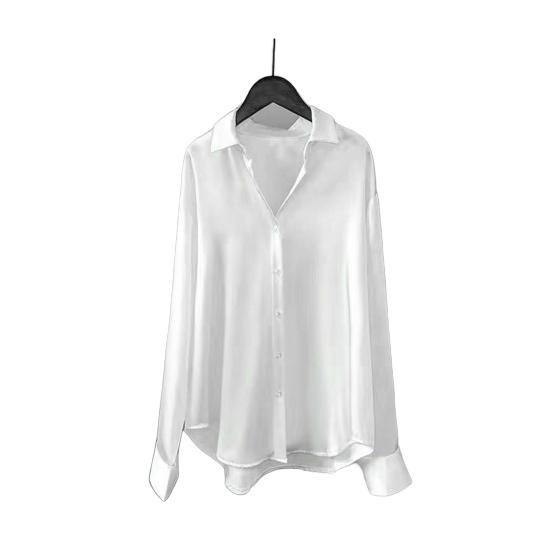 Женская рубашка с лацканами, длинный рукав, однобортная рубашка, однотонная, гладкая, атласная, свободного кроя, повседневная рубашка