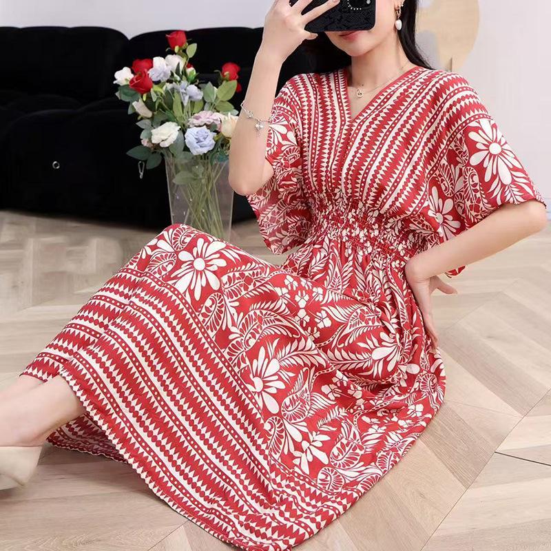 Этническое платье с V-образным вырезом и короткими рукавами из вискозы с французско-тайским принтом для женщин, к 25-летнему юбилею
