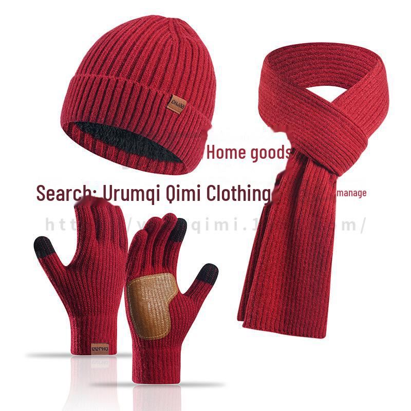 Зимний комплект из трех предметов: шерстяная шапка, шарф и кожаные перчатки в европейском и американском стиле для женщин — нескользящий