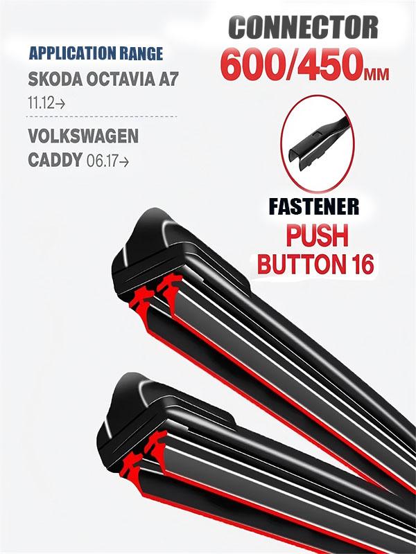 Push Button 16 Wiper Blades 600/450mm (24"+18") for Skoda Octavia A7 & Volkswagen Caddy
