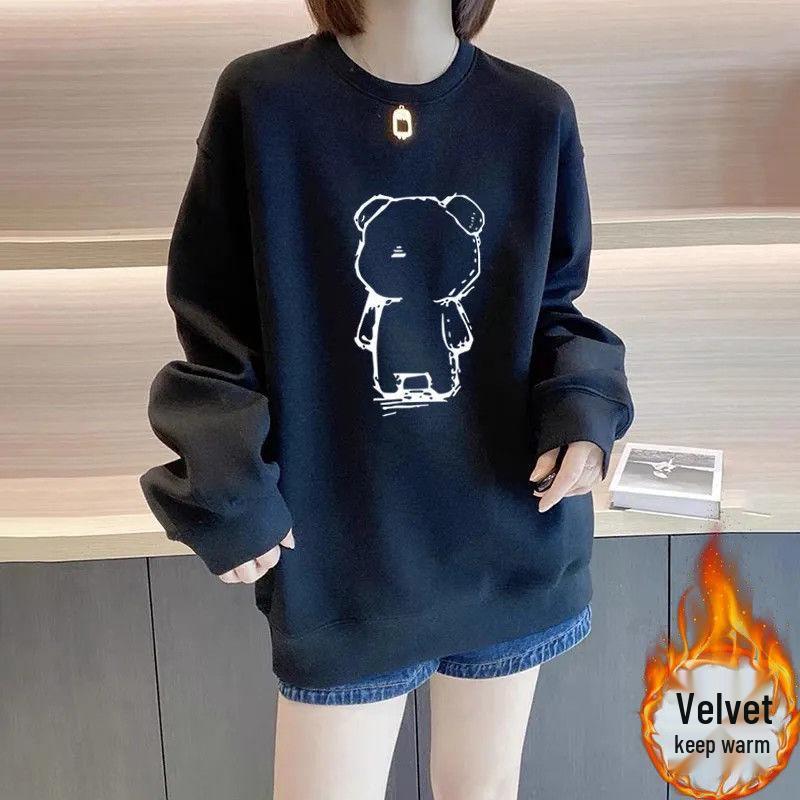Korean Style Cartoon Jacket: Women's Fleece-Lined Round Neck Pullover Sweatshirt, 2025 Spring/Autumn Collection.
