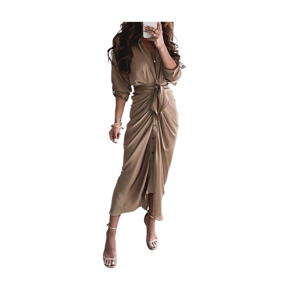 BITCED Женские летние платья с длинным рукавом и v-образным вырезом и пуговицами, длинные платья