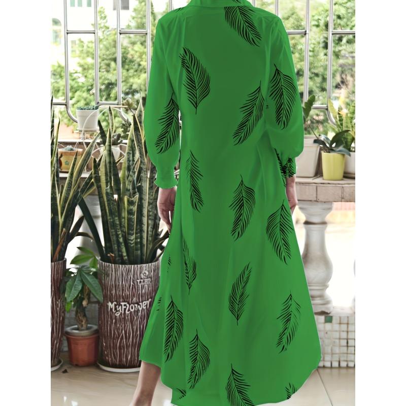 Spring/Summer Women's Feather Print Maxi Dress, Shirred Vacation Shirt Dress with Button Front, Durable Easy-Care Fabric