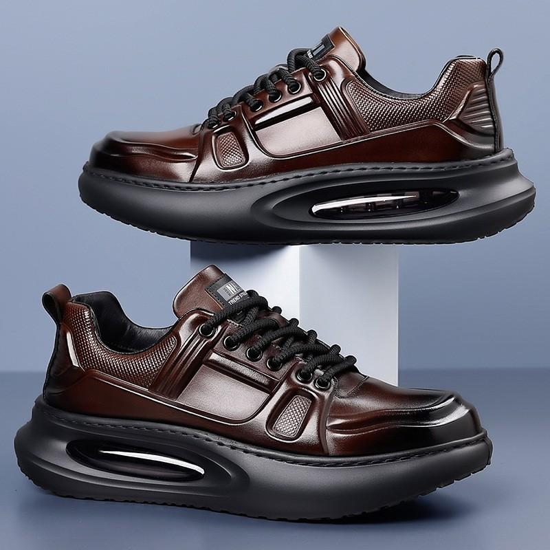 Mens Genuine Leather Casual Sneakers With Thick Rubber Sole Breathable Lightweight Non-Slip Comfortable Round Toe Lace-Up