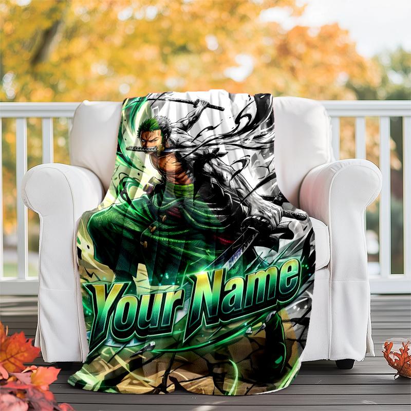 1pc Personalized Name Zoro Theme Blanket - Digital Print, Polyester, Cozy for All Seasons, Perfect for Outdoor, and Travel