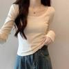 Retro U-neck Long-sleeved T-shirt for Women In Autumn and Winter New Large Neckline Simple and Versatile Hot Girl Short Clavicle Bottoming Shirt Top