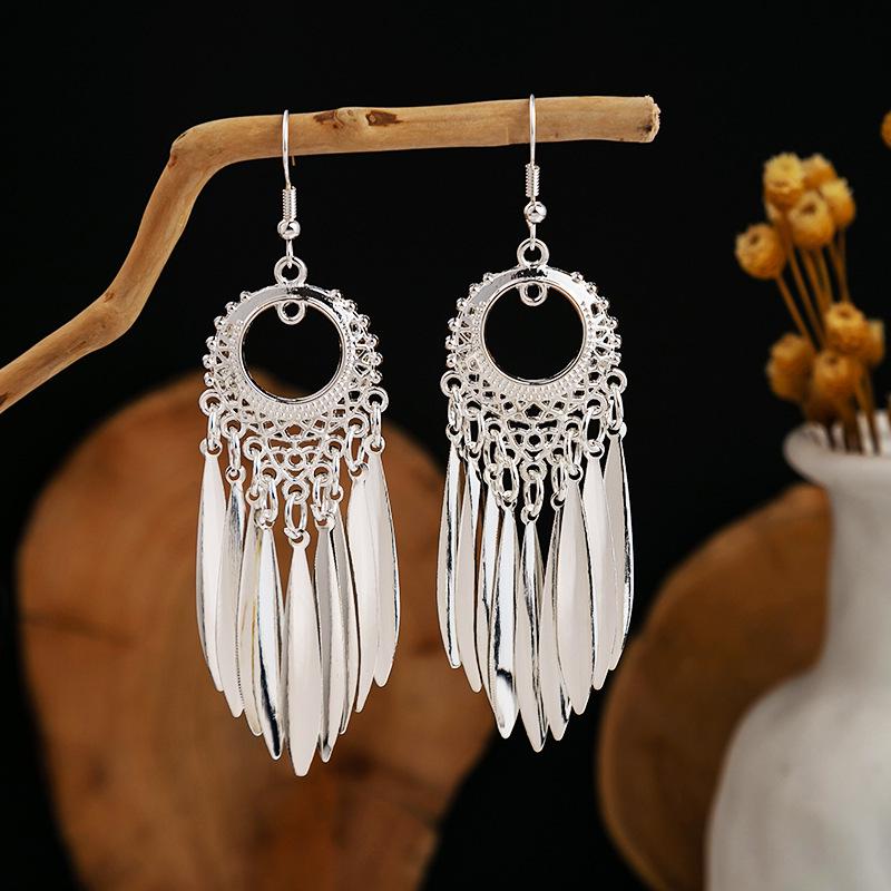 Bohemian Long Leaf Tassel Earrings - Imitation Silver, Miao Ethnic Style