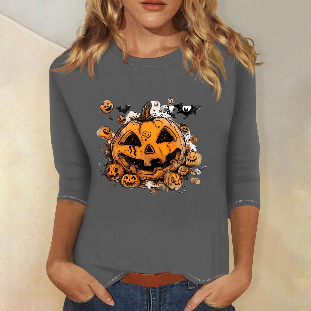 Women's Fashion Casual Three-quarter Sleeve Halloween Printed Round Neck Top