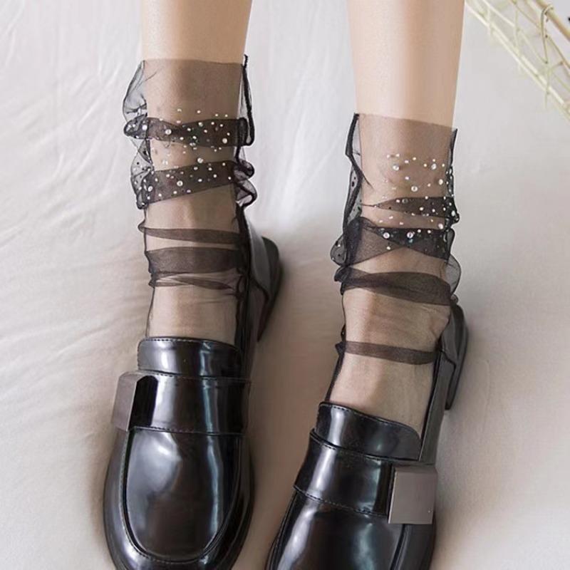 Women Socks Transparent Glitter Crystal Silk Lace Elastic Short Ankle Socks Elegant Ladies Rhinestone Sock See Through Mesh Sock
