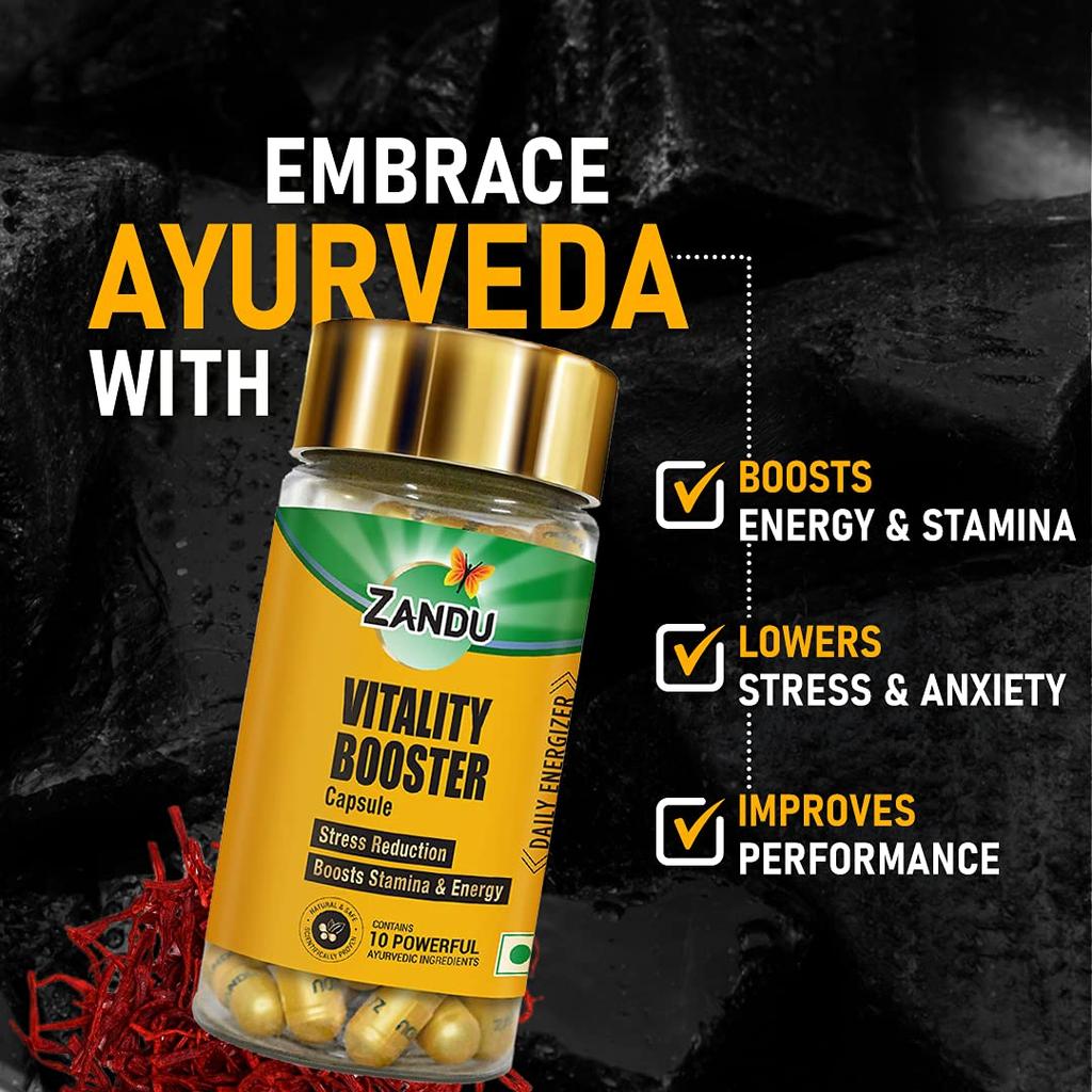 Zandu Vitality Booster Capsules For Energy Stamina And Active Lifestyle Daily Herbal Supplement 60 Veg Capsules x Pack Of 2