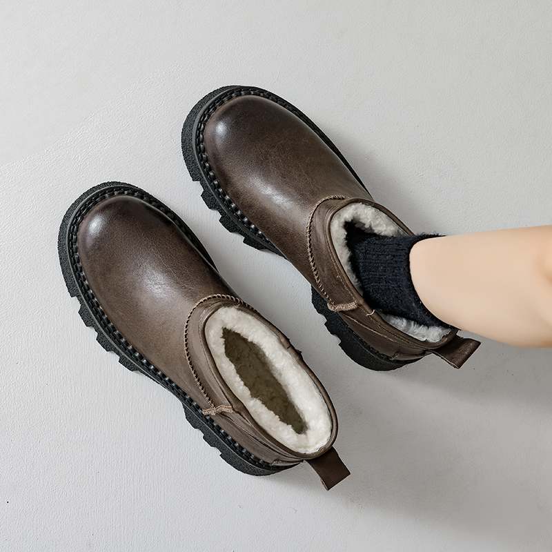 Krazing Pot Зимняя обувь из коровьей кожи, меха и шерсти, женские зимние ботинки, сохраняющие тепло, без застежек, европейский дизайн, устойчивые к холоду, ботильоны