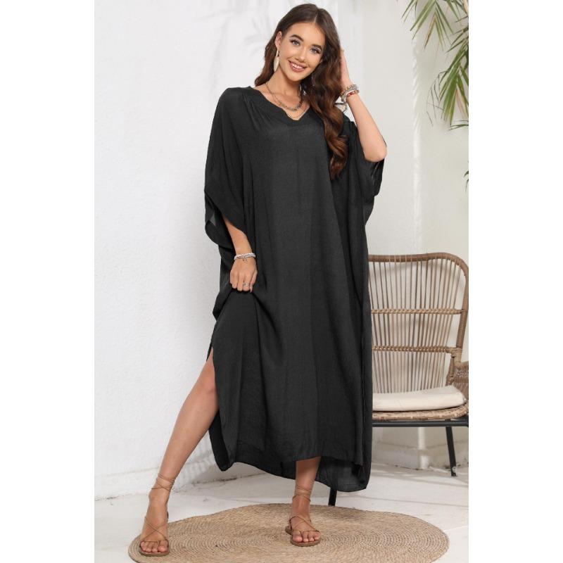 Женское свободное повседневное платье с V-образным вырезом, разрезом и юбкой длиной до пола