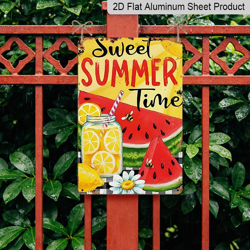 2D Flat, Vintage Summer Metal Wall Plaque - Lemonade & Watermelon Slices with Sweet Summer Time Text - 8x12 Inch Retro Aluminium Sign for Home, Cafe
