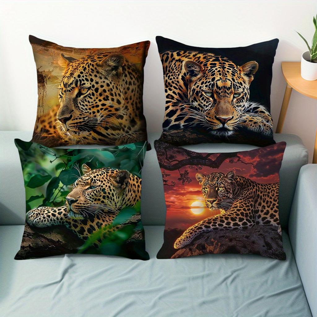 Safari Leopard Pillow Covers, Realistic Big Cat Jungle Scene Decorative Throw Pillow Cases, Wildlife Home Decor Cushion Covers