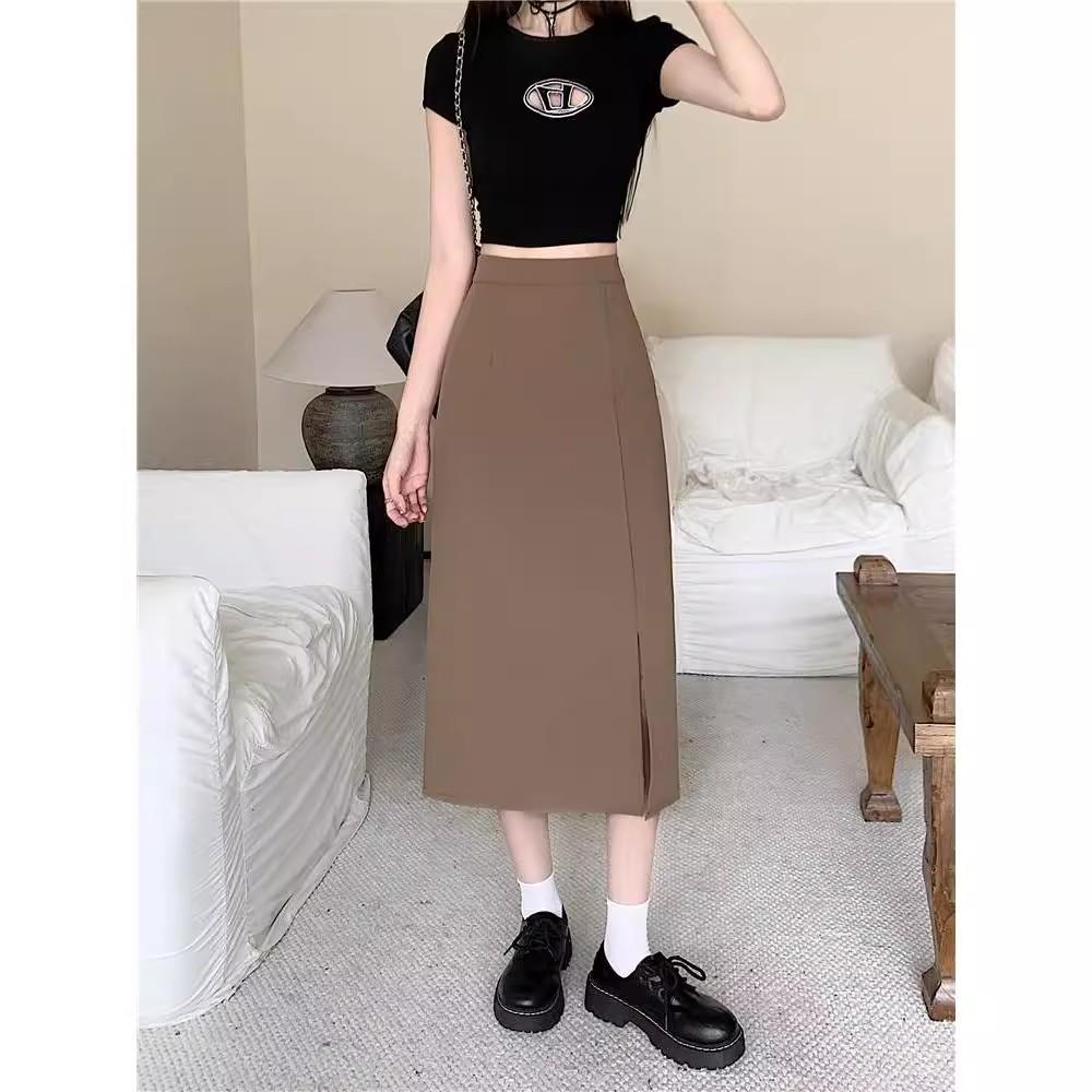 Лето 2024 Юбка миди А-силуэта с разрезом и высокой посадкой большого размера - Слегка зрелый стиль
