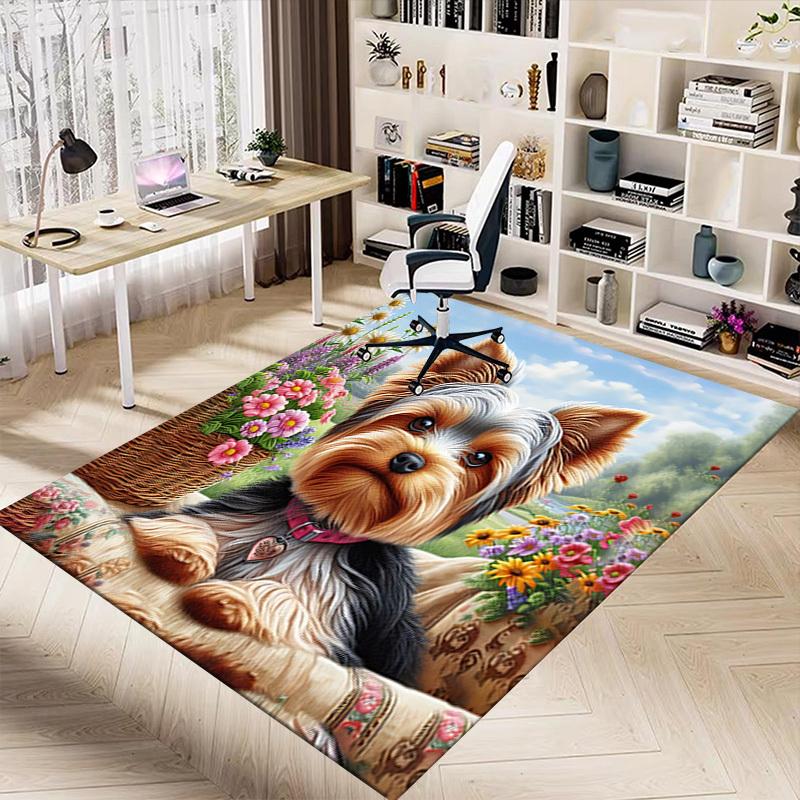 1PC Flower Basket Yorkie Extra Large Non Slip Floor carpet, Office, family, bedroom Large Area Rug Indoor Rugs, Vibrant Colors