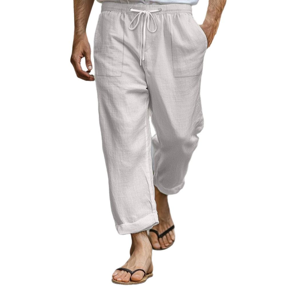 Мужские повседневные летние брюки из хлопка и льна с эластичным поясом и завязками на резинке, с множеством карманов, пляжные брюки