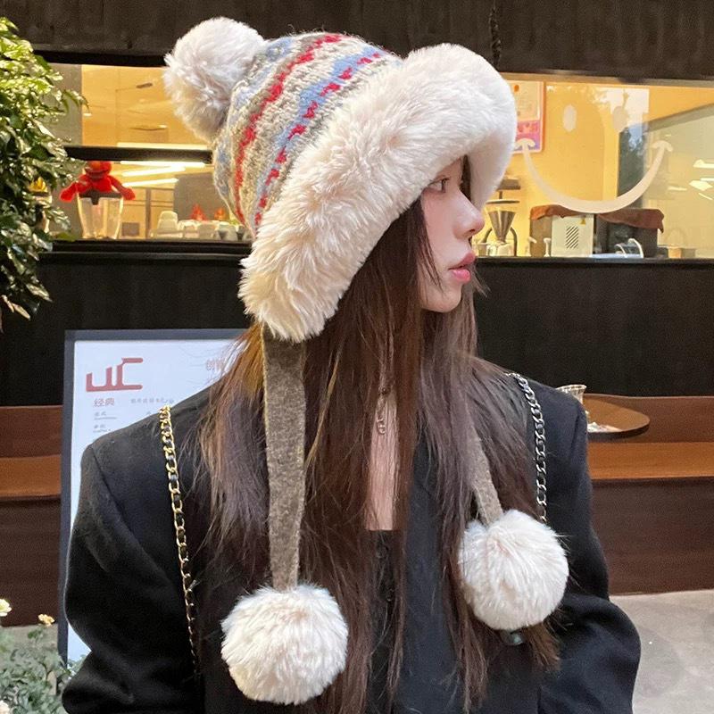 Knitted Fluzzy Russain Hat Trapper Earflap Outdoor Ski Cap Male Female Thick Warm Winter Beanie Hat Fur Pompom Bomber Hat
