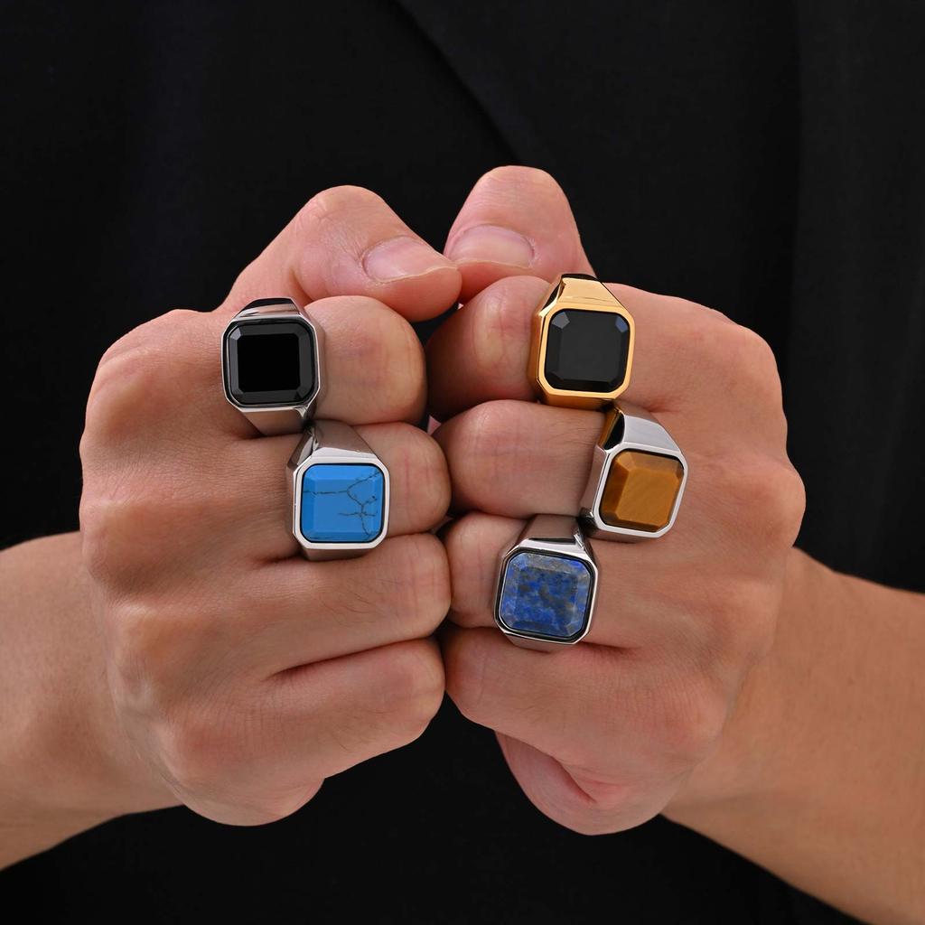 Punk Natural Stone Ring for Men Boys,Never Fade Stainless Steel Square Signet Ring,Birthday Valentine's Day Father Gift for Him