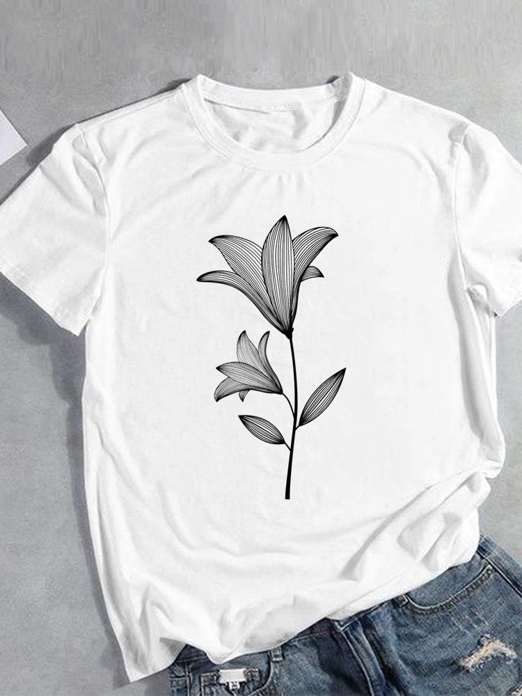 Unisex Flower Style Trend 90s Short Sleeve Fashion Print Lady Tee Top Clothing Casual  Tshirt FeUnisex Graphic T-shirts