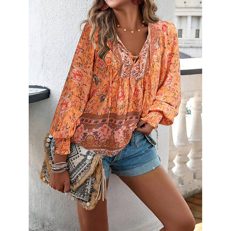 Spring Printed Long Sleeved Shirt Elegant Commuter Women V-neck Top Casual Blouse Vacation Loose Comfortable Street Wear