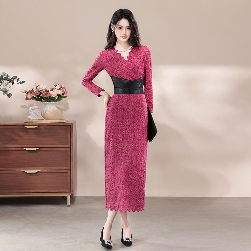 Sexy V-Neck Lace Long Sleeve Dress Women Slim Fit Bodycon Party