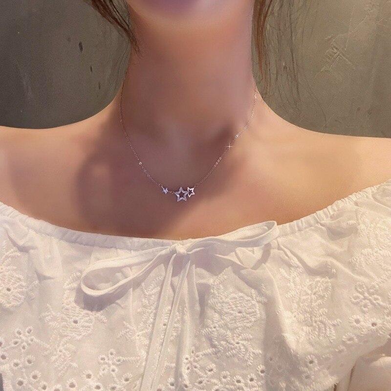 925 Sterling Silver Inlaid Zircon Star Necklaces for Women Sweet and Cute Pendant Choker Fashion Creative Jewelry Gift