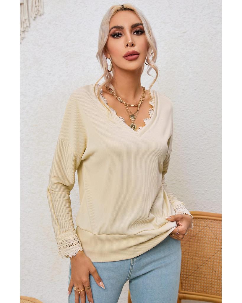 Azura Exchange Lace Trim V Neck Long Sleeve Top