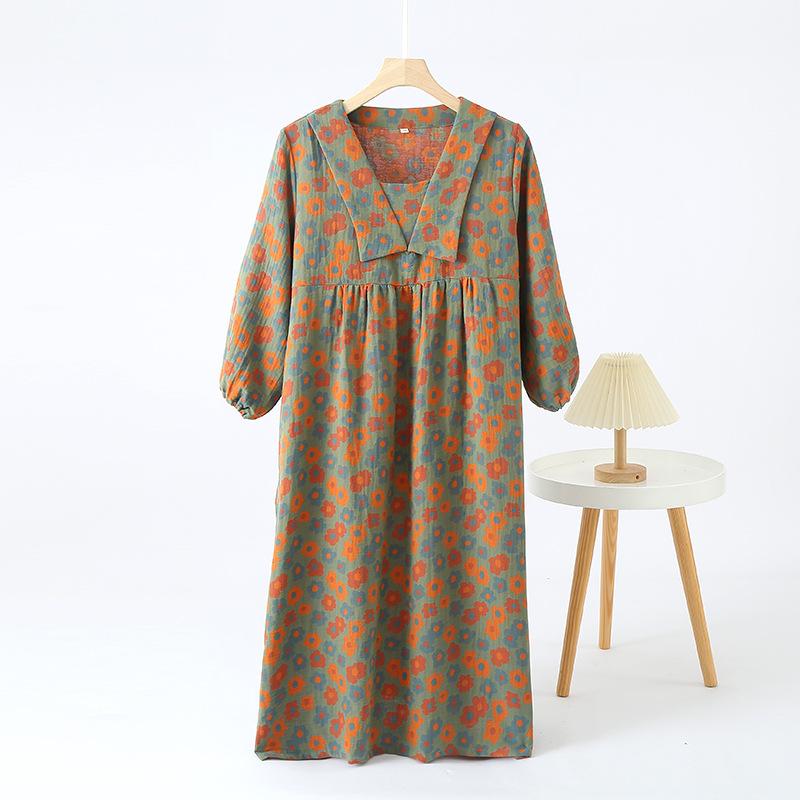 New Japanese Women's Spring and Summer Nightgown 100% Cotton Large Flower Skirt Simple Large Size Retro Home Dress