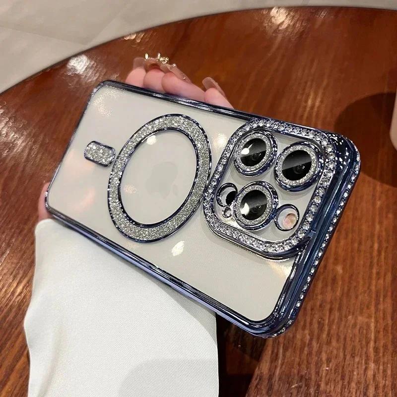 Модный кристальный бриллиантовый магнитный прозрачный чехол для iPhone 16 15 14 13 12 11 Pro Max 16 Plus Magsafe беспроводная зарядка силиконовая крышка