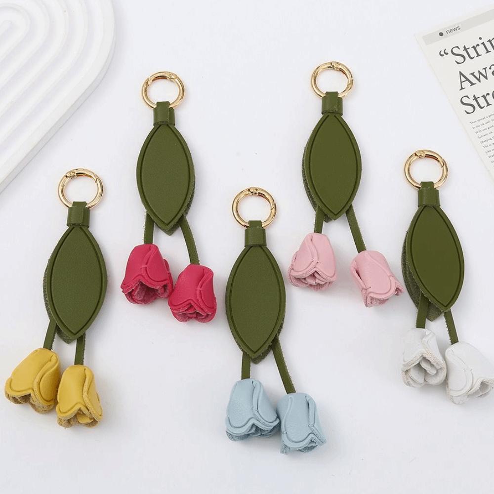 DIY Tulip Leather Pendant Handmade Bag Charm Lovely Flower Pu Keychain Men