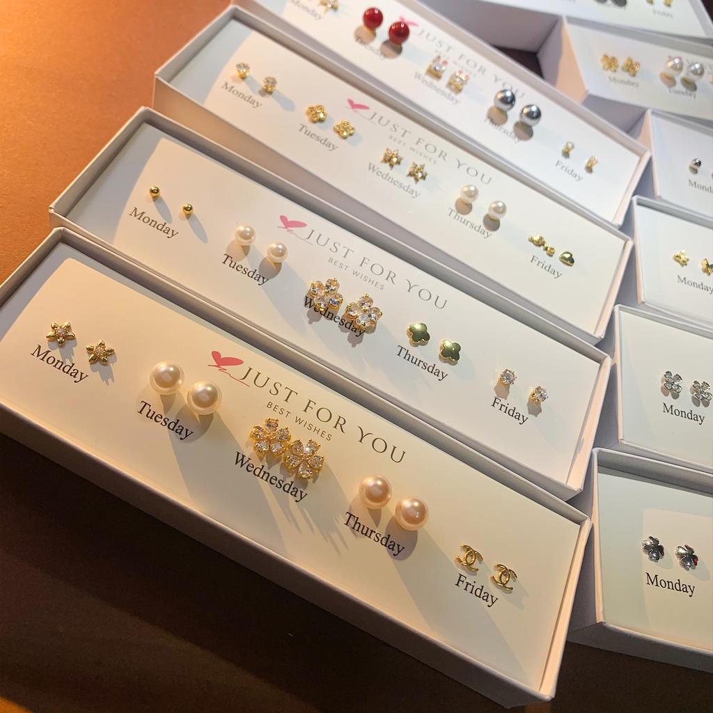 Набор серег-пуссетов в форме сердца с цирконом, цветком и жемчугом для женщин