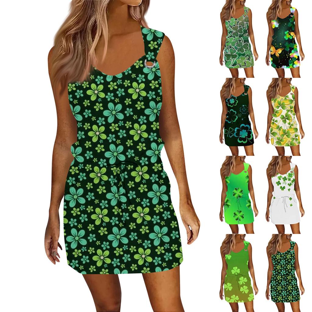 Women's Fashion Casual Printed Sleeveless Drawstring Dress With Pockets