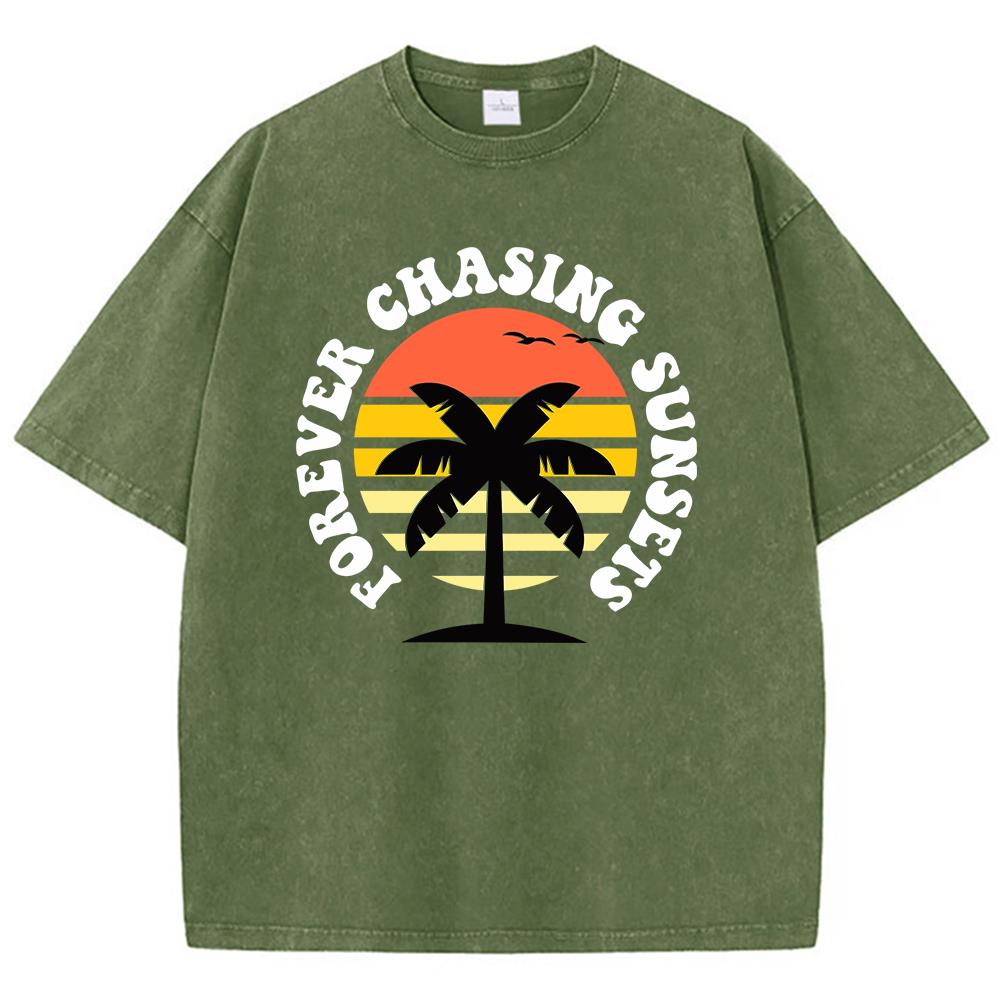 Принт «Вечно в погоне за закатами» Мужские футболки Графичная крутая футболка Высококачественная футболка оверсайз Комфортная мягкая с коротким рукавом