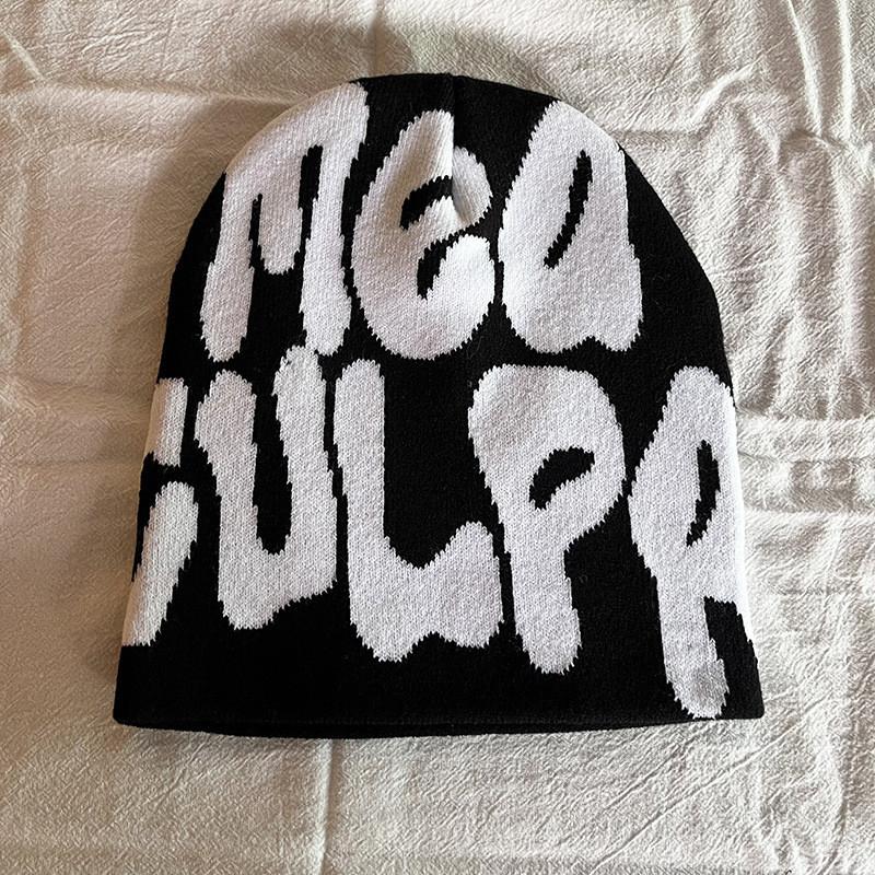 Acrylic Knit Beanie Hat With Embroidered Letters For Streetwear Fashion In Winter Season