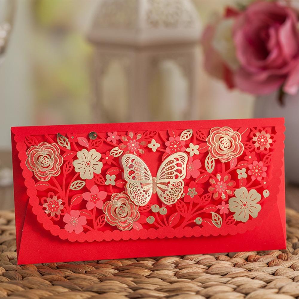 6pcs Creative Laser Engraving Chinese Red Envelopes Hollow Embossed Lucky Money Bag Three-dimensional Rectangular Red Packet