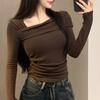 Jielur осенние новые сексуальные однотонные женские футболки, повседневная тонкая футболка с открытыми плечами, кофейный, белый, черный, простой топ с длинными рукавами