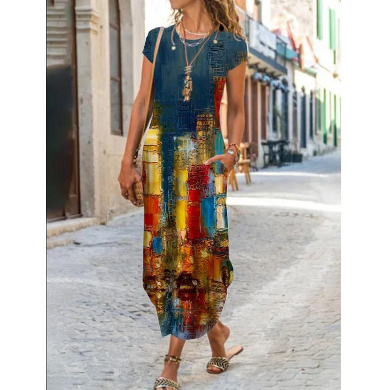 Женское летнее длинное платье с круглым вырезом и коротким рукавом с карманом реглан и цветочным принтом